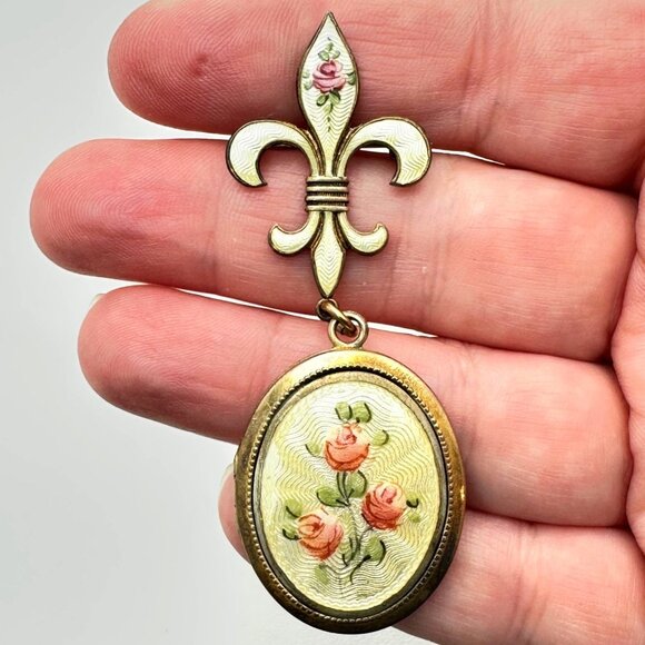 Antique Sterling Silver Yellow Guilloche Fleur De Lis Picture Locket Pin Brooch - Picture 1 of 7